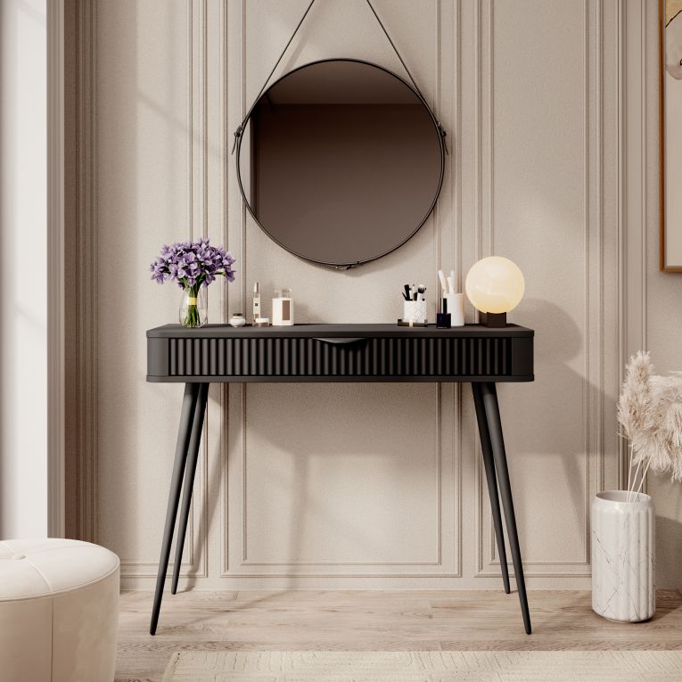 Toeletta Nero un Cassetto Materiale Struttura in Metallo 100x38x78h cm, Materiale Piano in Legno Nobilitato - Katerara