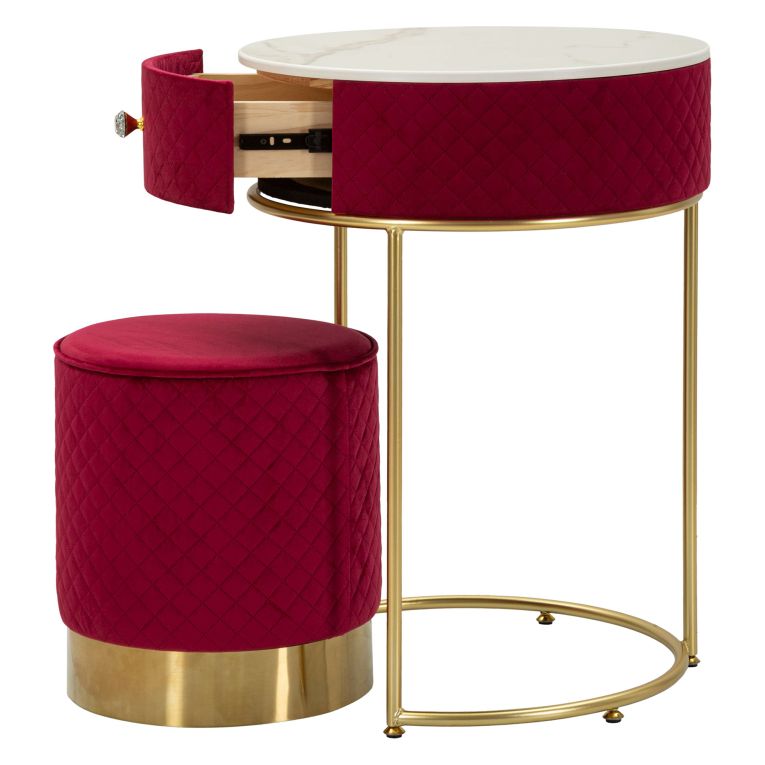 Toeletta Rosso oro un Cassetto Rivestimento in Velluto Trapuntato 52x52x70h cm, Materiale Struttura in Metallo - Mbale