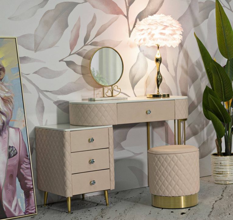 Toeletta Taquari, Tavolo da toeletta, Postazione da trucco, Mobile consolle, 120x40 h75 cm, Rosa e Oro