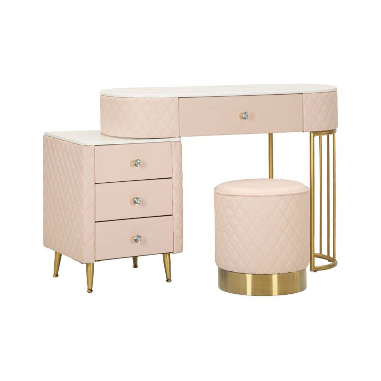 Toeletta Taquari, Tavolo da toeletta, Postazione da trucco, Mobile consolle, 120x40 h75 cm, Rosa e Oro