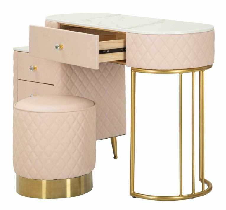 Toeletta Taquari, Tavolo da toeletta, Postazione da trucco, Mobile consolle, 120x40 h75 cm, Rosa e Oro