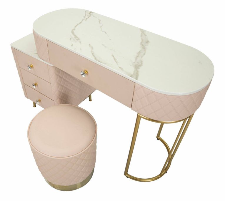 Toeletta Taquari, Tavolo da toeletta, Postazione da trucco, Mobile consolle, 120x40 h75 cm, Rosa e Oro