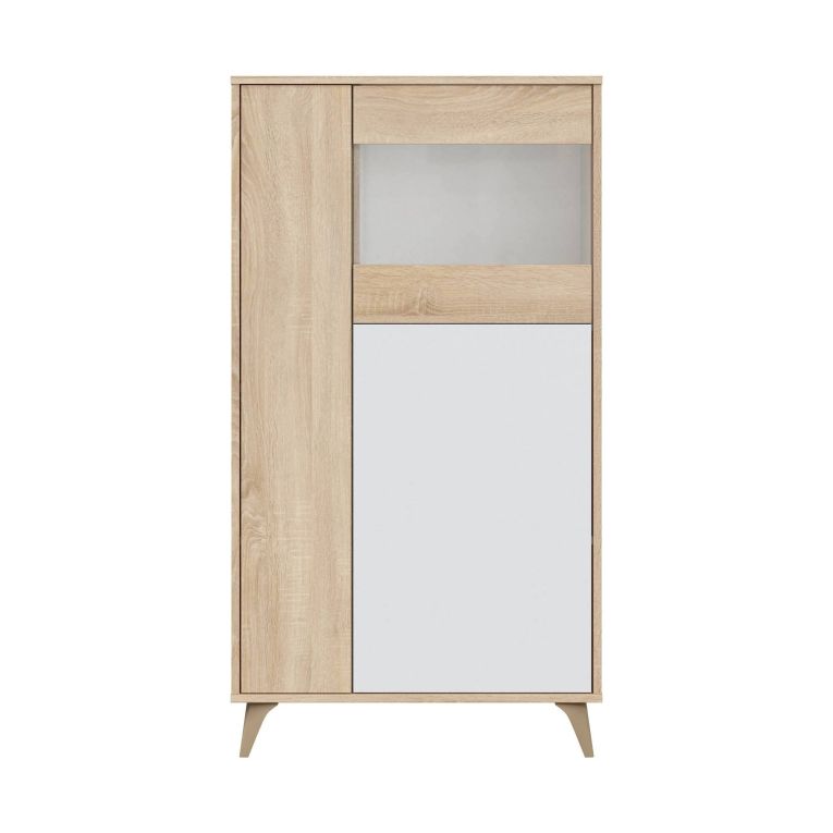 Vetrina Atlanta, Vetrinetta moderna a 3 ante, Credenza da soggiorno o salotto, Madia alta con ripiani, 77x33h142 cm, Rovere e Bianco