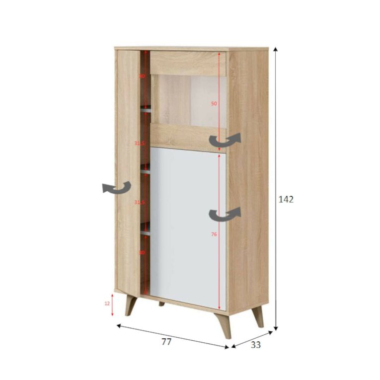 Vetrina Atlanta, Vetrinetta moderna a 3 ante, Credenza da soggiorno o salotto, Madia alta con ripiani, 77x33h142 cm, Rovere e Bianco