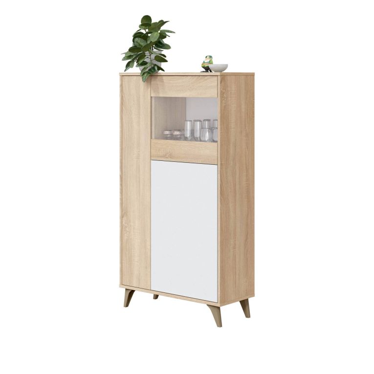 Vetrina Atlanta, Vetrinetta moderna a 3 ante, Credenza da soggiorno o salotto, Madia alta con ripiani, 77x33h142 cm, Rovere e Bianco