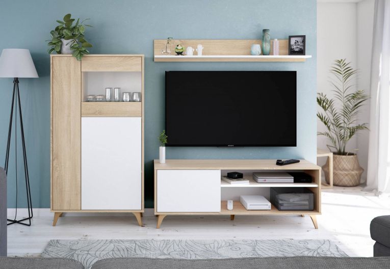 Vetrina Atlanta, Vetrinetta moderna a 3 ante, Credenza da soggiorno o salotto, Madia alta con ripiani, 77x33h142 cm, Rovere e Bianco