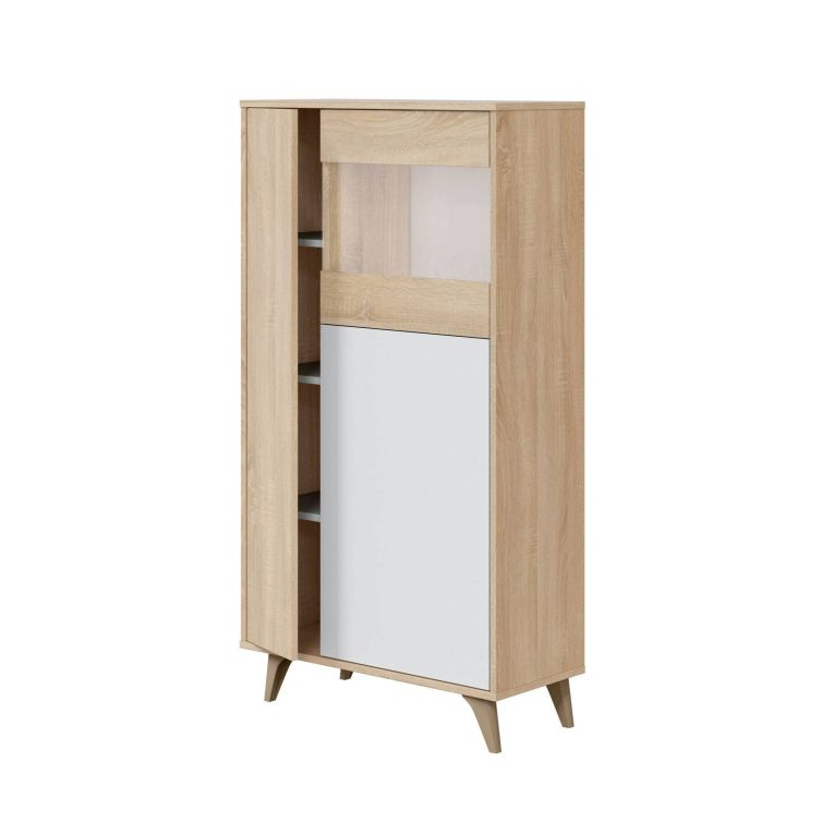 Vetrina Atlanta, Vetrinetta moderna a 3 ante, Credenza da soggiorno o salotto, Madia alta con ripiani, 77x33h142 cm, Rovere e Bianco
