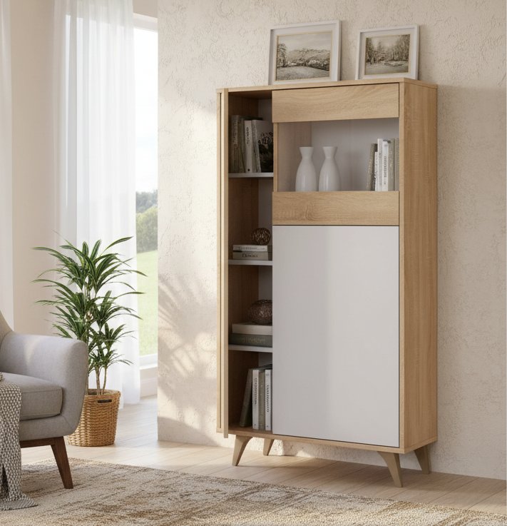 Vetrina Atlanta, Vetrinetta moderna a 3 ante, Credenza da soggiorno o salotto, Madia alta con ripiani, 77x33h142 cm, Rovere e Bianco