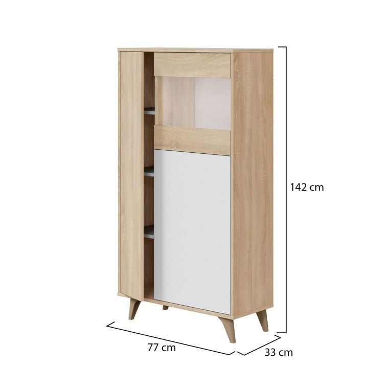 Vetrina Atlanta, Vetrinetta moderna a 3 ante, Credenza da soggiorno o salotto, Madia alta con ripiani, 77x33h142 cm, Rovere e Bianco
