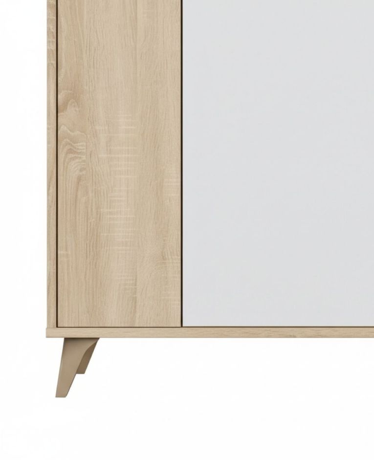 Vetrina Atlanta, Vetrinetta moderna a 3 ante, Credenza da soggiorno o salotto, Madia alta con ripiani, 77x33h142 cm, Rovere e Bianco