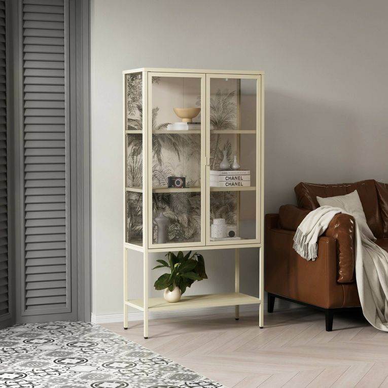 Vetrina Avocado, Credenza espositiva, Vetrinetta multiuso, Madia da soggiorno, 80x35 h160 cm, Panna