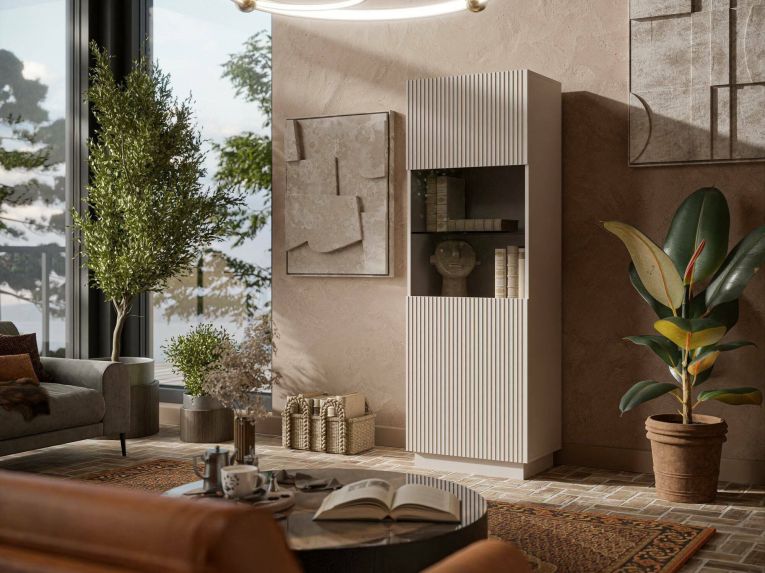 Vetrina Beige Cashmere 4 Ripiani 5 Vani 60x40x178h cm, Apertura Battente - Vadd