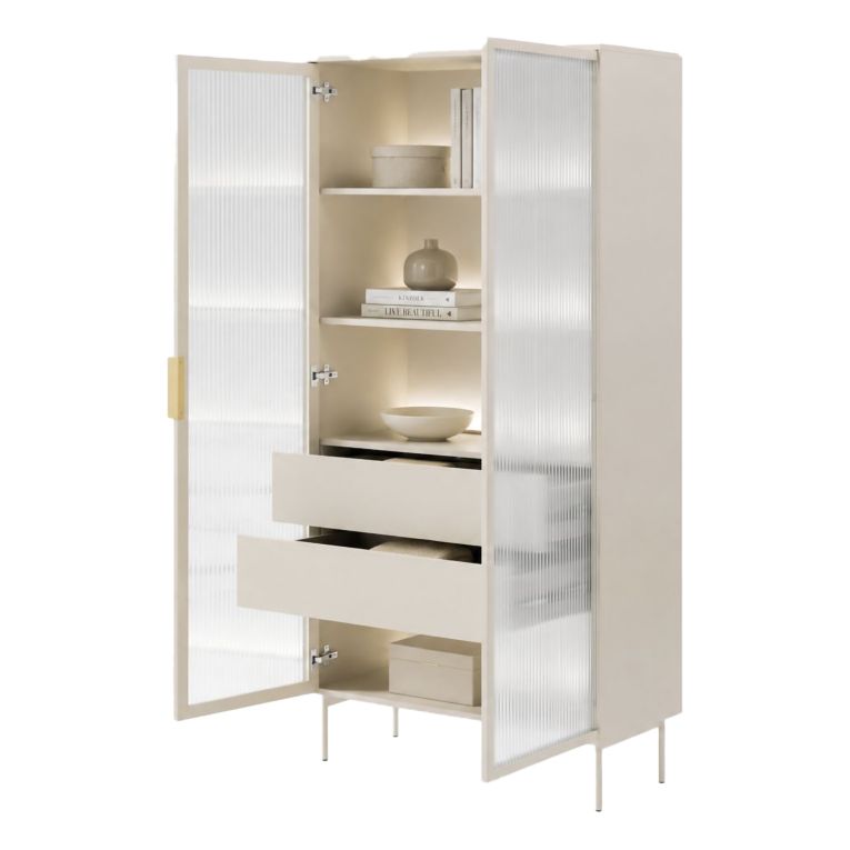 Vetrina Beige Cashmere Trasparente 4 Ripiani 2 Cassetti 92x39x195h cm, 2 Ante - Lafafasa