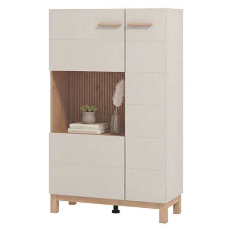Vetrina Beige Marrone Rovere Nodi 2 Ripiani Apertura Battente 77x35x127.5h cm, 2 Ante - Mezzago
