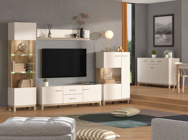 Vetrina Beige Marrone Rovere Nodi 2 Ripiani Apertura Battente 77x35x127.5h cm, 2 Ante - Mezzago