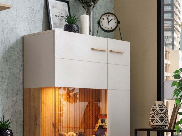 Vetrina Beige Marrone Rovere Nodi 2 Ripiani Apertura Battente 77x35x127.5h cm, 2 Ante - Mezzago