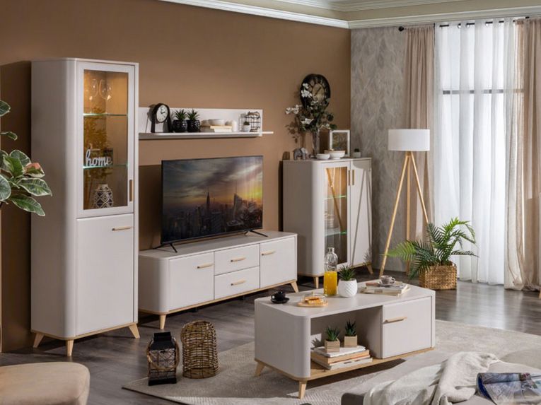Vetrina Beige Marrone Rovere Nodi 4 Ripiani Apertura Battente 58x40x193h cm, 2 Ante - Sparso