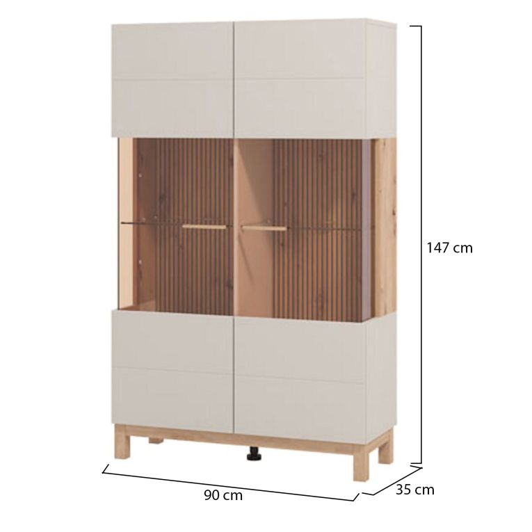 Vetrina Beige Marrone Rovere Nodi 6 Ripiani Apertura Battente 90x35x146.5h cm, 2 Ante - Talla