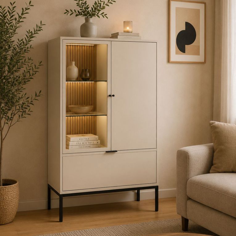 Vetrina Beige Nero 3 Ripiani un Cassetto 76x40x116h cm, 2 Ante - Lolamaha