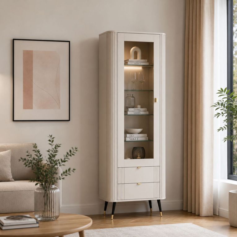 Vetrina Beige Nero 4 Ripiani 2 Cassetti 78x40x192h cm, Un'anta - Lokapami