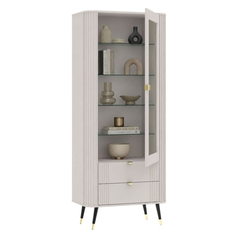Vetrina Beige Nero 4 Ripiani 2 Cassetti 78x40x192h cm, Un'anta - Lokapami