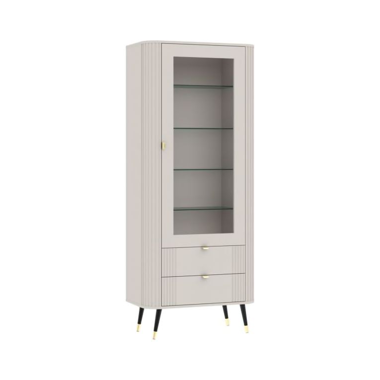 Vetrina Beige Nero 4 Ripiani 2 Cassetti 78x40x192h cm, Un'anta - Lokapami
