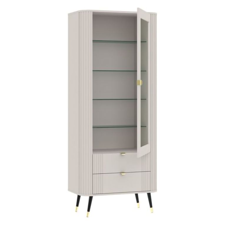 Vetrina Beige Nero 4 Ripiani 2 Cassetti 78x40x192h cm, Un'anta - Lokapami