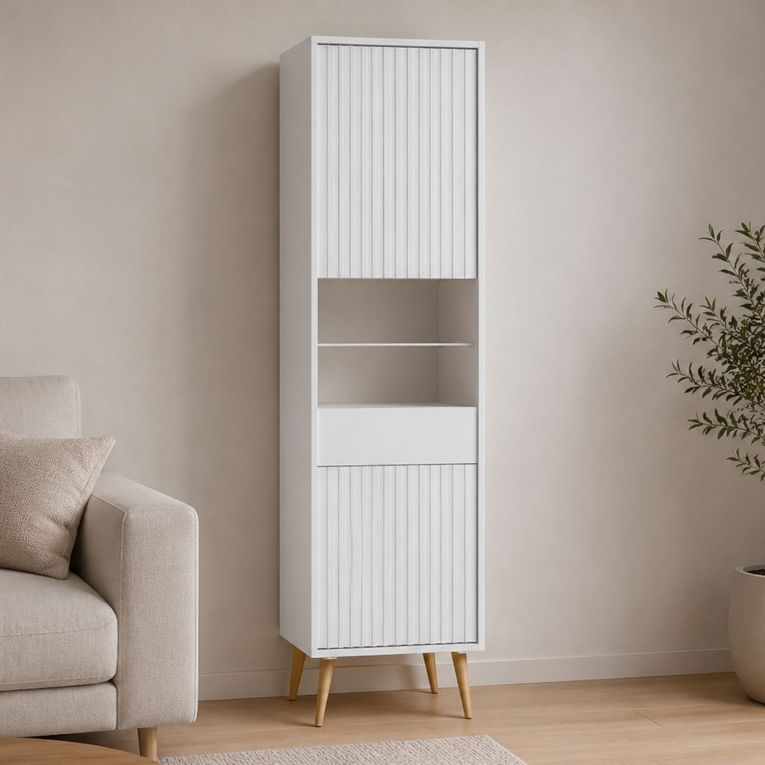 Vetrina Bianco 3 Ripiani Un'anta 47x40x193h cm, Ripiano in Vetro, Anta Reversibile - Lenagaba