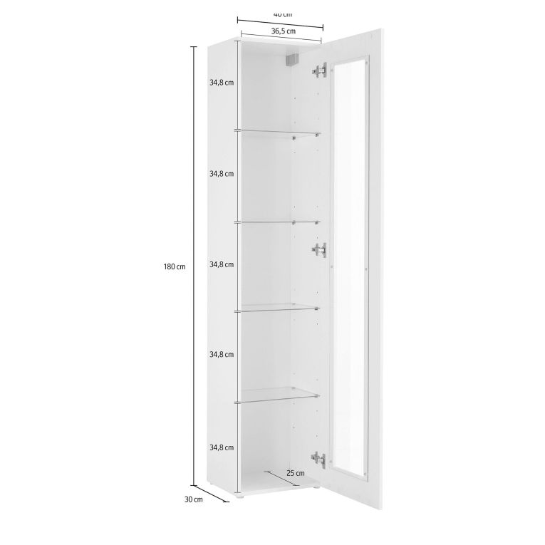 Vetrina Bianco 4 Ripiani Un'anta 40x30x180h cm, 5 Vani - Arnika