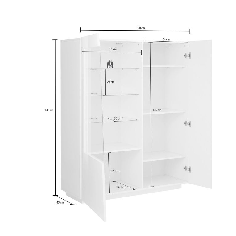 Vetrina Bianco 7 Ripiani 2 Ante 120x43x146h cm, 9 Vani - Montano