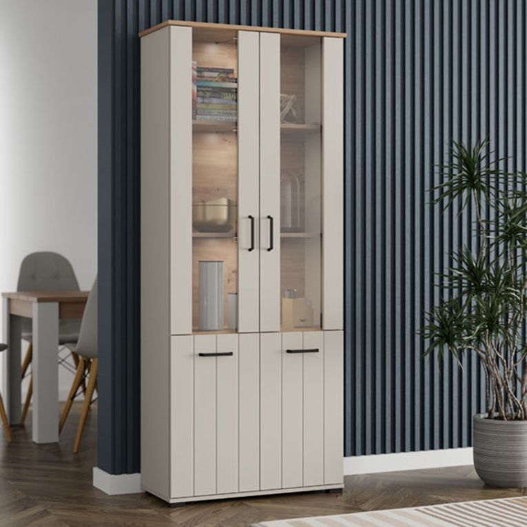 Vetrina Bianco Crema Marrone Rovere Nodi 4 Ripiani 2 Ante 79x36x191h cm, con Piedini, Anta Dettaglio Vetro - Tadas
