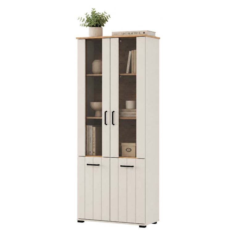 Vetrina Bianco Crema Marrone Rovere Nodi 4 Ripiani 2 Ante 79x36x191h cm, con Piedini, Anta Dettaglio Vetro - Tadas