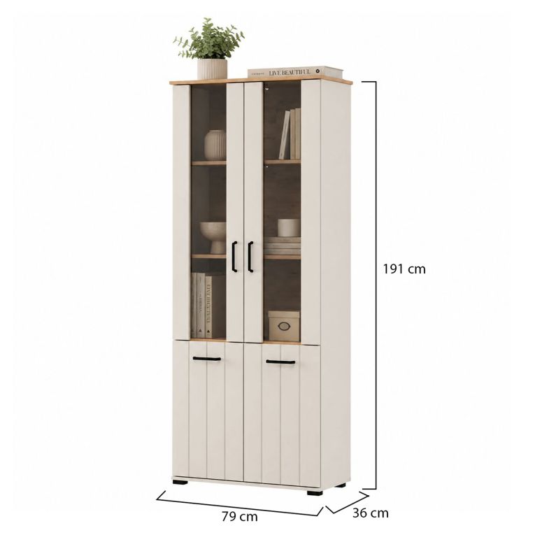 Vetrina Bianco Crema Marrone Rovere Nodi 4 Ripiani 2 Ante 79x36x191h cm, con Piedini, Anta Dettaglio Vetro - Tadas