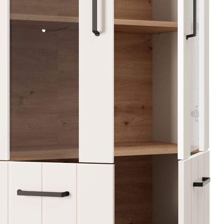 Vetrina Bianco Crema Marrone Rovere Nodi 4 Ripiani 2 Ante 79x36x191h cm, con Piedini, Anta Dettaglio Vetro - Tadas