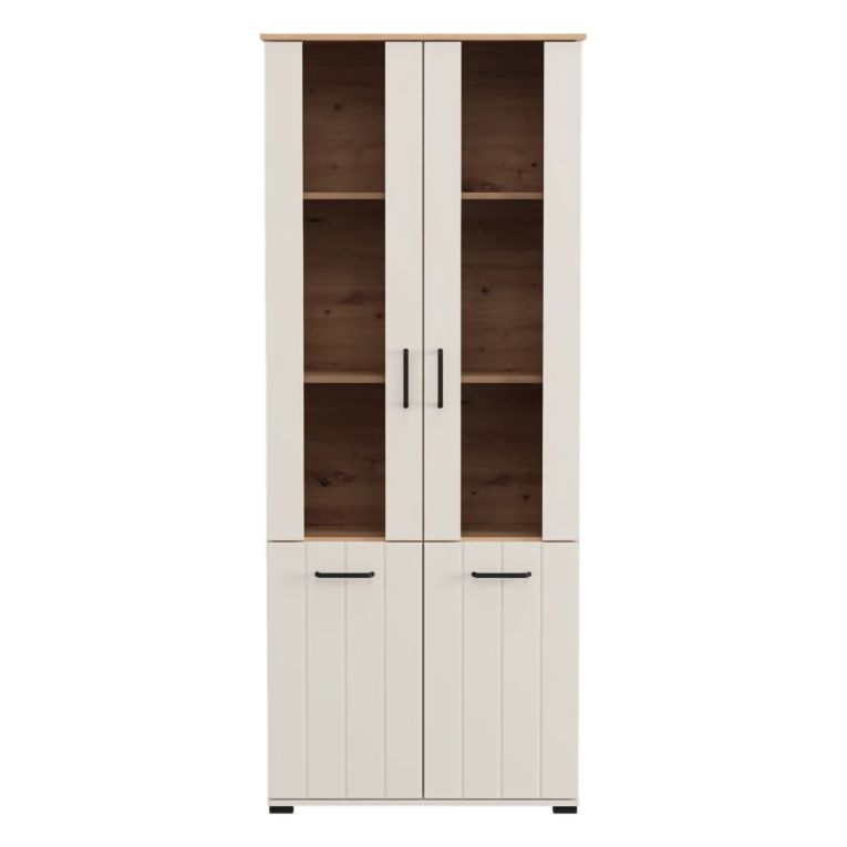 Vetrina Bianco Crema Marrone Rovere Nodi 4 Ripiani 2 Ante 79x36x191h cm, con Piedini, Anta Dettaglio Vetro - Tadas