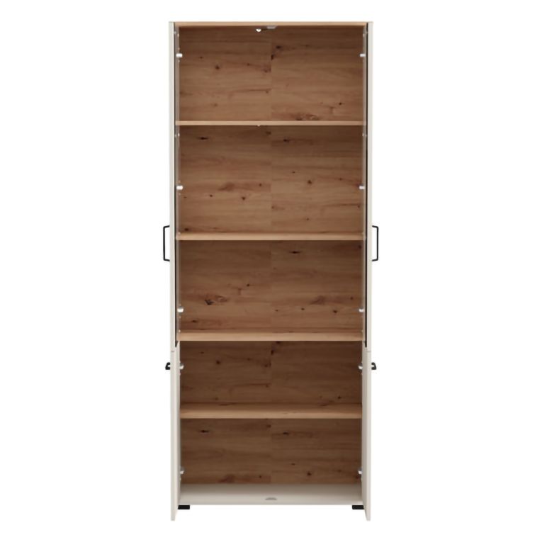 Vetrina Bianco Crema Marrone Rovere Nodi 4 Ripiani 2 Ante 79x36x191h cm, con Piedini, Anta Dettaglio Vetro - Tadas