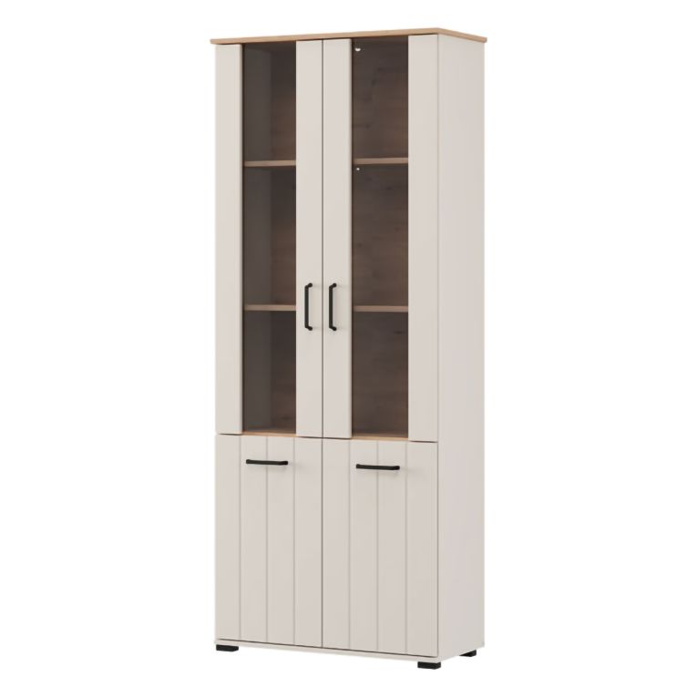 Vetrina Bianco Crema Marrone Rovere Nodi 4 Ripiani 2 Ante 79x36x191h cm, con Piedini, Anta Dettaglio Vetro - Tadas