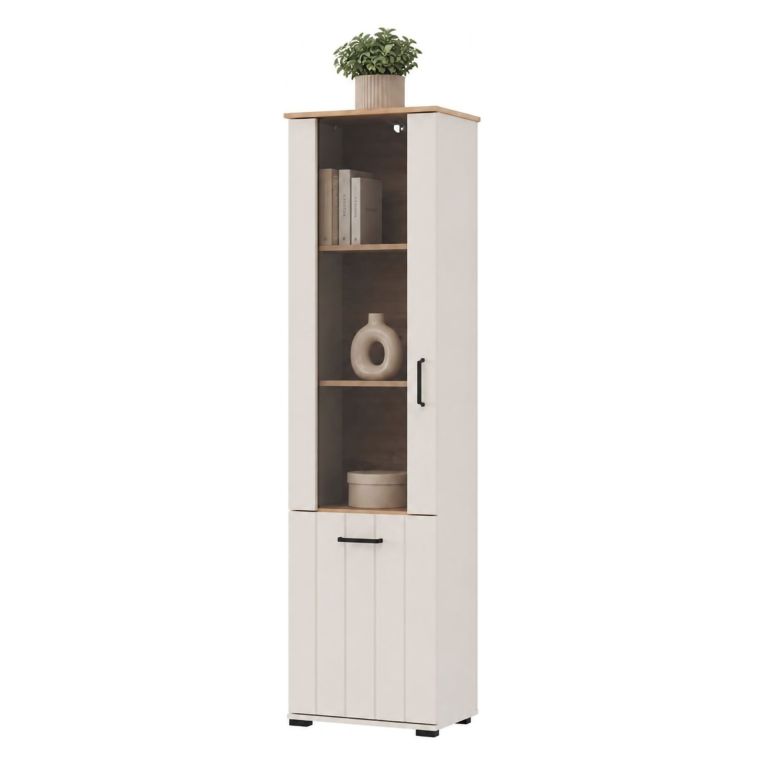 Vetrina Bianco Crema Marrone Rovere Nodi 4 Ripiani Un'anta 50x36x191h cm, con Piedini, Anta Dettaglio Vetro - Entrac