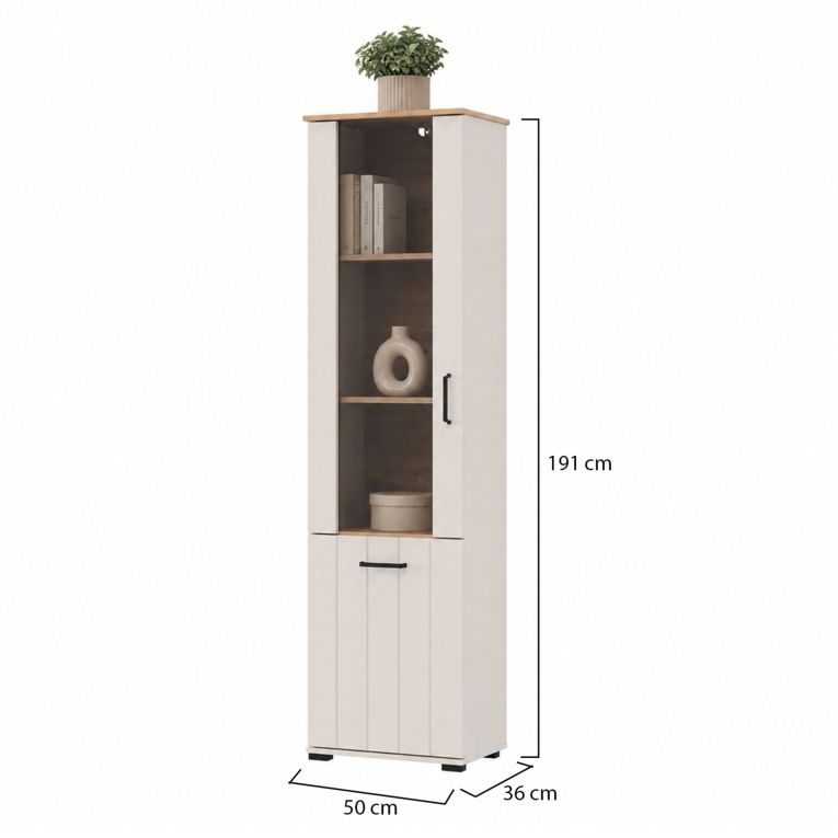 Vetrina Bianco Crema Marrone Rovere Nodi 4 Ripiani Un'anta 50x36x191h cm, con Piedini, Anta Dettaglio Vetro - Entrac
