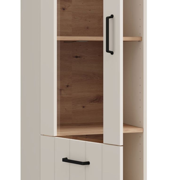Vetrina Bianco Crema Marrone Rovere Nodi 4 Ripiani Un'anta 50x36x191h cm, con Piedini, Anta Dettaglio Vetro - Entrac