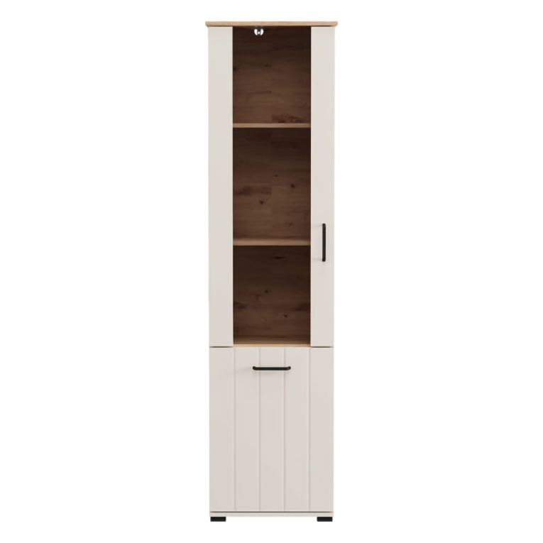 Vetrina Bianco Crema Marrone Rovere Nodi 4 Ripiani Un'anta 50x36x191h cm, con Piedini, Anta Dettaglio Vetro - Entrac