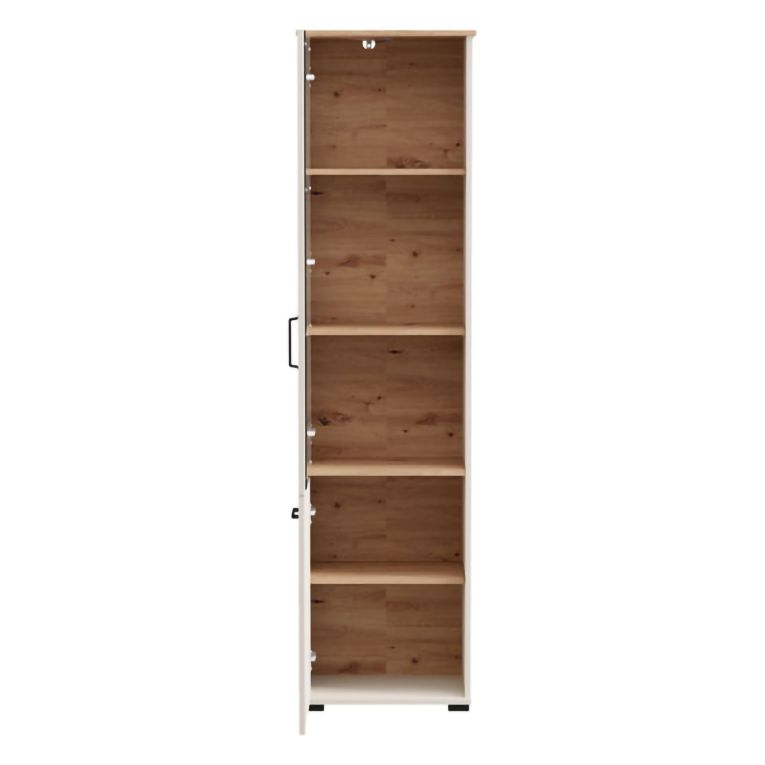 Vetrina Bianco Crema Marrone Rovere Nodi 4 Ripiani Un'anta 50x36x191h cm, con Piedini, Anta Dettaglio Vetro - Entrac