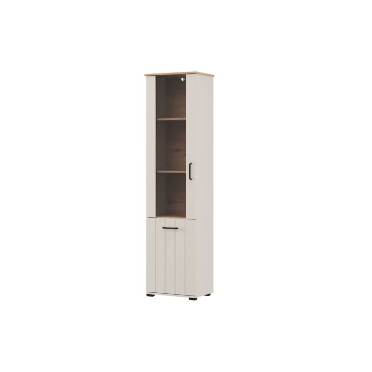Vetrina Bianco Crema Marrone Rovere Nodi 4 Ripiani Un'anta 50x36x191h cm, con Piedini, Anta Dettaglio Vetro - Entrac