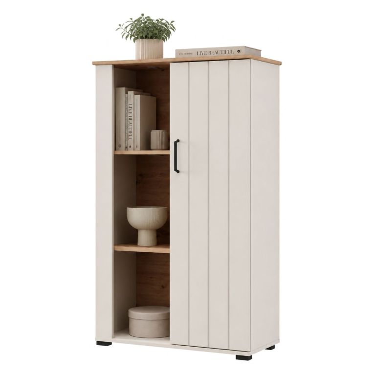 Vetrina Bianco Crema Marrone Rovere Nodi 4 Ripiani Un'anta 79x36x127h cm, 6 Vani - Farra
