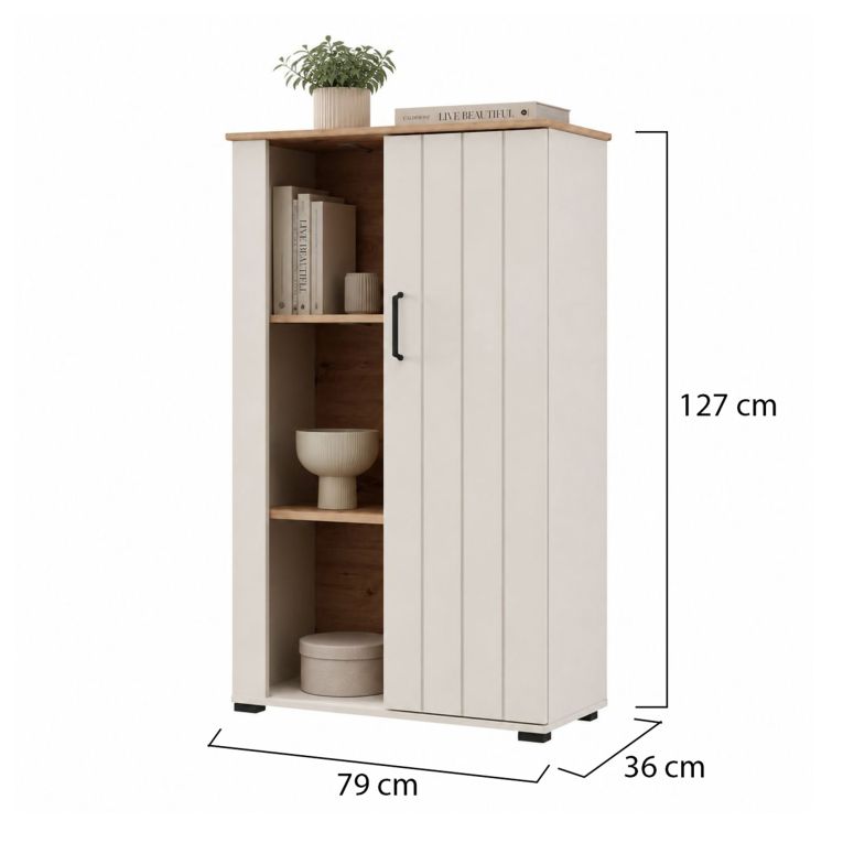 Vetrina Bianco Crema Marrone Rovere Nodi 4 Ripiani Un'anta 79x36x127h cm, 6 Vani - Farra