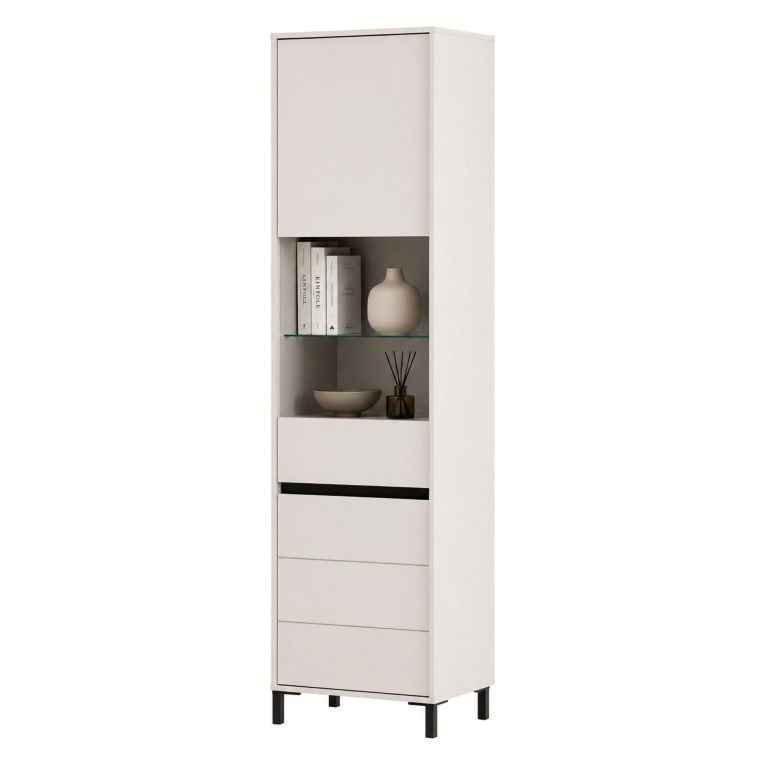 Vetrina Bianco Crema Nero 4 Ripiani 2 Ante 55x40x193h cm, con Piedini, Anta e Ripiano Dettaglio Vetro - Ovodda