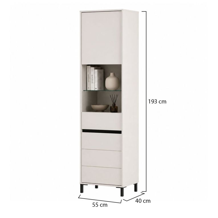 Vetrina Bianco Crema Nero 4 Ripiani 2 Ante 55x40x193h cm, con Piedini, Anta e Ripiano Dettaglio Vetro - Ovodda