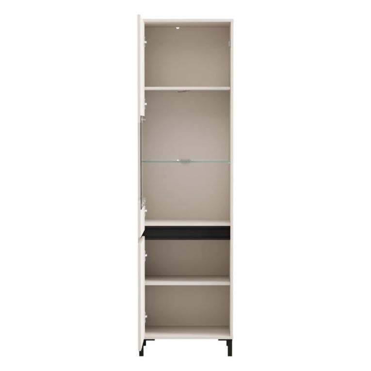Vetrina Bianco Crema Nero 4 Ripiani 2 Ante 55x40x193h cm, con Piedini, Anta e Ripiano Dettaglio Vetro - Ovodda