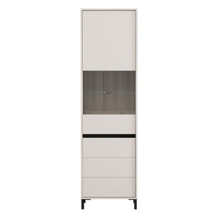 Vetrina Bianco Crema Nero 4 Ripiani 2 Ante 55x40x193h cm, con Piedini, Anta e Ripiano Dettaglio Vetro - Ovodda