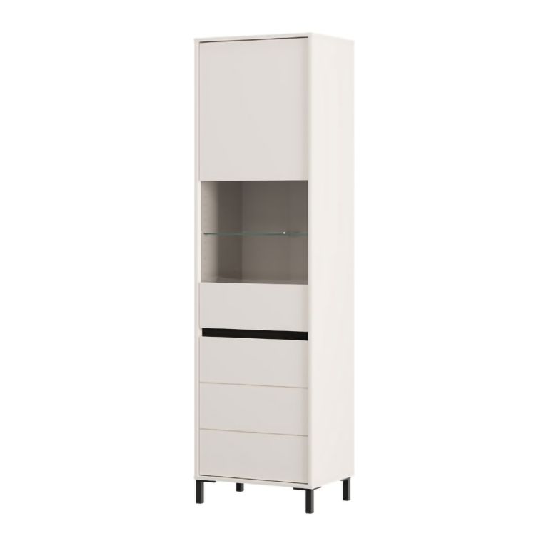 Vetrina Bianco Crema Nero 4 Ripiani 2 Ante 55x40x193h cm, con Piedini, Anta e Ripiano Dettaglio Vetro - Ovodda